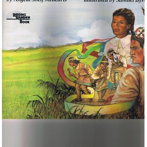 May include: A book cover illustration depicting a group of people in traditional Native American clothing dancing in a field. The book title is "Dancing with the Indian" and the author is Angela Shelf Medearis. The book is part of the Reading Rainbow Book series.