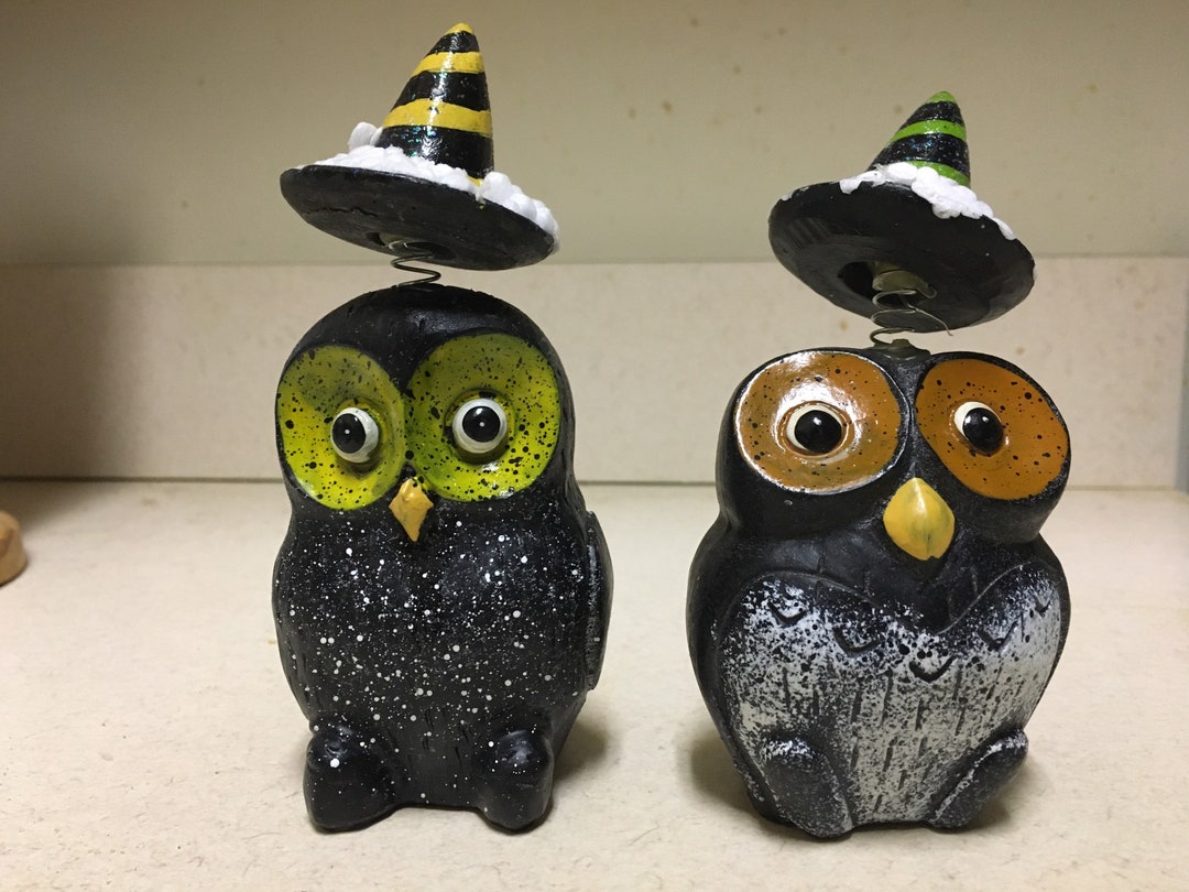Owl Bobble Head Figurines With Bright Colored Eyes and Wearing Witch