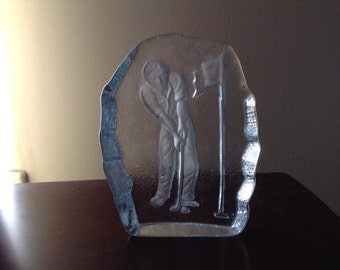 Golfer  Plaque Clear Glass Paper - Weight, Book - End,  Shelf or Desk Mid Century  Decor