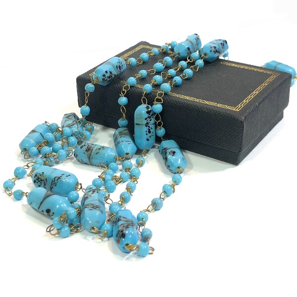 Long Art Deco Murano Glass Sautoir Necklace w/ Turquoise & Black Beads, 48 Inches Flapper Neckace