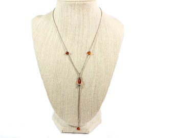 Minimalist necklace | Gemstone lariat Gemstone Y necklace with cherry amber Sterling silver chain lariat necklace with red amber pendant