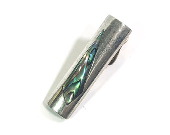 925 Sterling Silver Antique Real Abalone Shell and Pearl Tie Clip