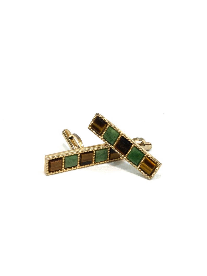 Semiprecious Gemstone Gold Cufflinks Beaded Goldtone Men/'s Vintage Statement Jewelry Linear Design Cuff Links Tiger/'s Eye Green Quartz