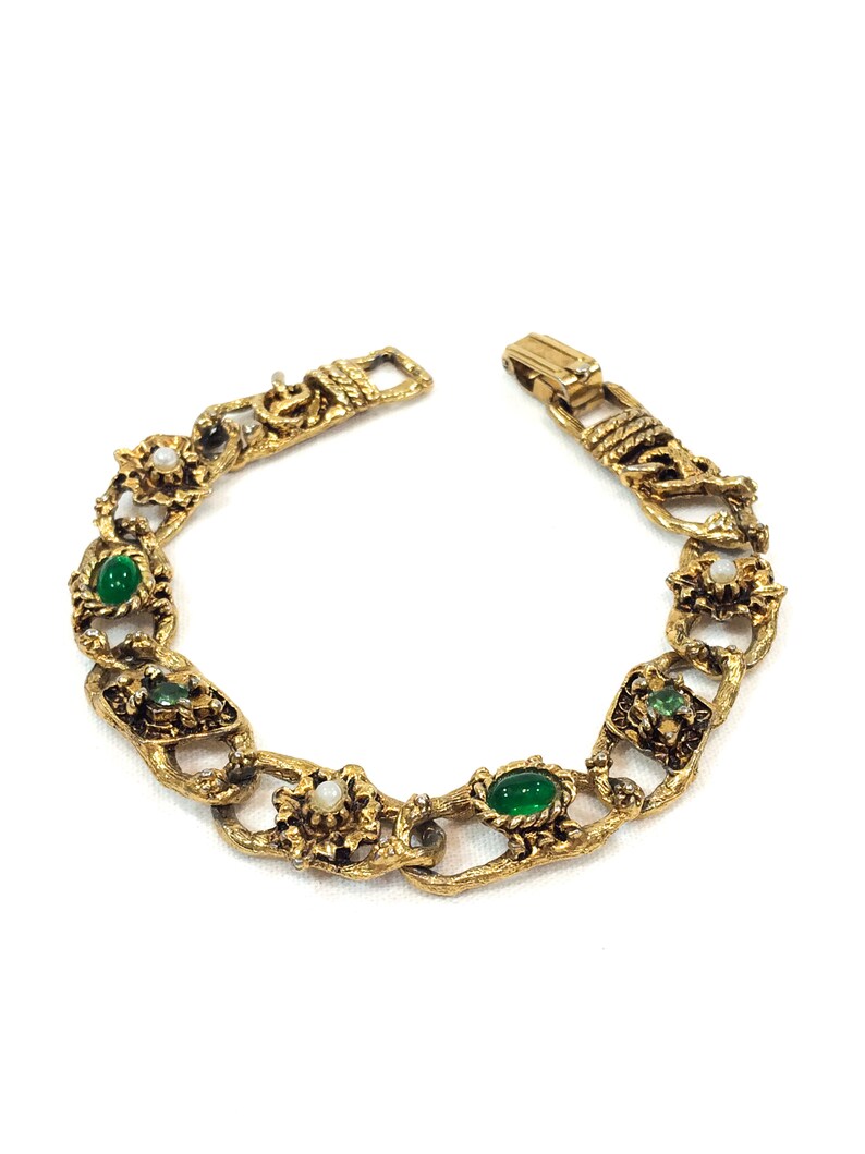 LJM Thin Gold Link Bracelet Flowers & Pearls Green Cabs | Etsy