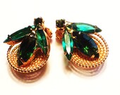 Vintage Bee Earrings, Roped  Goldtone and Green Navette Stones