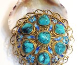 Vintage Chinese Export Sterling Silver and Turquoise Brooch,Gold Wash, Enamel, 1940s to 1960s