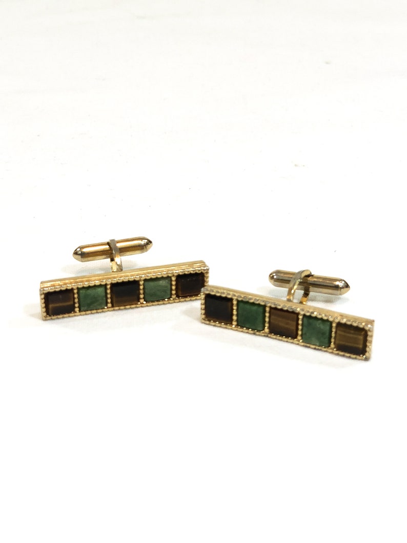 Semiprecious Gemstone Gold Cufflinks Beaded Goldtone Men/'s Vintage Statement Jewelry Linear Design Cuff Links Tiger/'s Eye Green Quartz