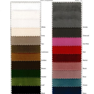 May include: Swatch card of 12 velvet fabric colors, including white, ivory, tan, cashmere, golden, brown, hunter, leaf, black, smoke, charcoal, hot pink, red, merlot, blush, rose, ocean, and navy. The fabric is 100% polyester and 72 inches wide.