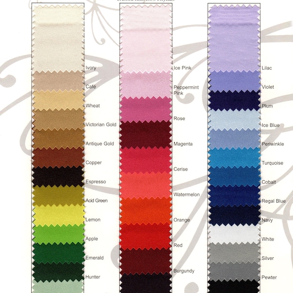 Matte Lamour Satin Nappe tissu Swatch Card Avec Swatch Of All 36 Satin Tablecloth Colors & Sample