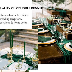 May include: Green velvet table runners set on a wooden table with gold chargers and green napkins. The text "HIGH END QUALITY VELVET TABLE RUNNERS" is at the top of the image. The text "These romantic sheer velvet table runners are suitable for wedding receptions, special event decorations & home decor." is below the title.
