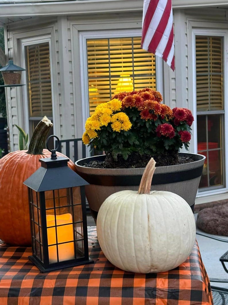 A black and orange plaid fall tablecloth with a orange and a white pumpin on the table, a lantern and orange flowers. The picture is outside of a home that is flying an American flag.