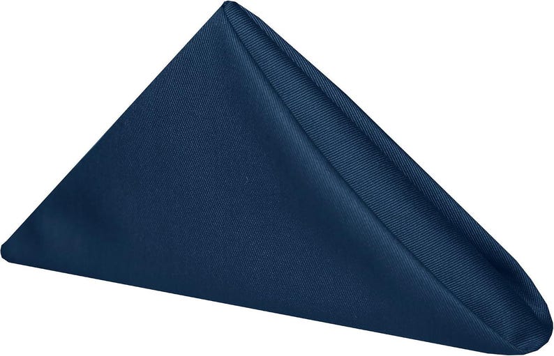 A folded blue napkin. The napkin is a cotton napkin manufactured by Premier Table Linens.