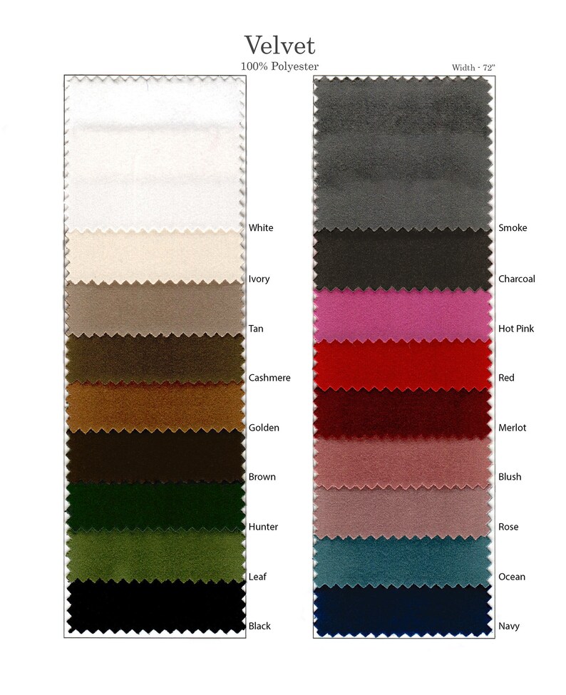 Swatch card of 12 velvet table runner fabric colors, including white, ivory, tan, cashmere, golden, brown, hunter, leaf, black, smoke, charcoal, hot pink, red, merlot, blush, rose, ocean, and navy.