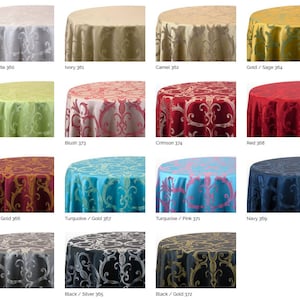 May include: A collection of 14 tablecloths with a damask pattern in various colors, including antique white, ivory, camel, gold, willow, blush, crimson, red, burgundy, turquoise, navy, silver, and black. Each tablecloth has a unique color combination and is labeled with a number.
