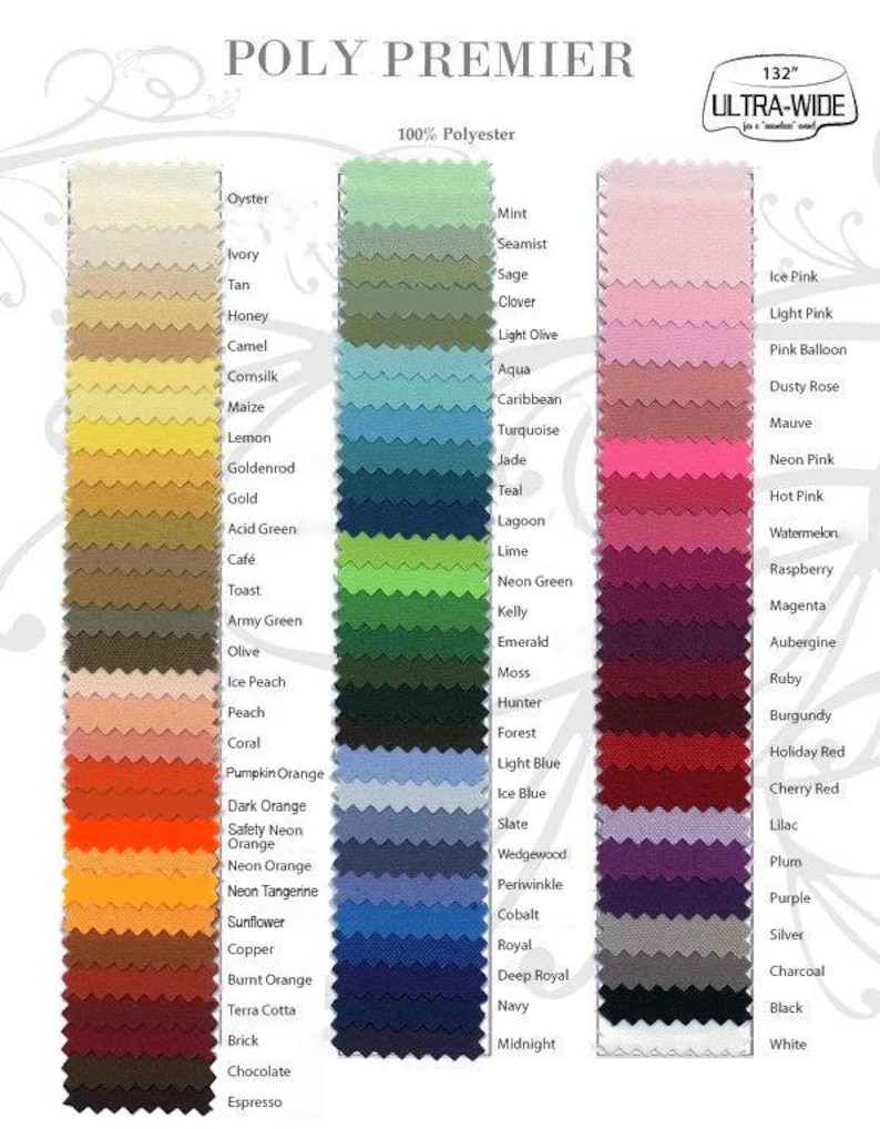 Color card with samples of all colors available for oval tablecloths.