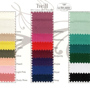 Swatch card of color samples available for linen napkins including ivory, beige, lemon, olive, peach, light pink, dusty rose, plumberry, raspberry, red, burgundy, purple, royal, navy, seamist, jade, teal, hunter, white, and black. The fabric is a twill weave, 50% cotton and 50% polyester, and is 120 inches wide.