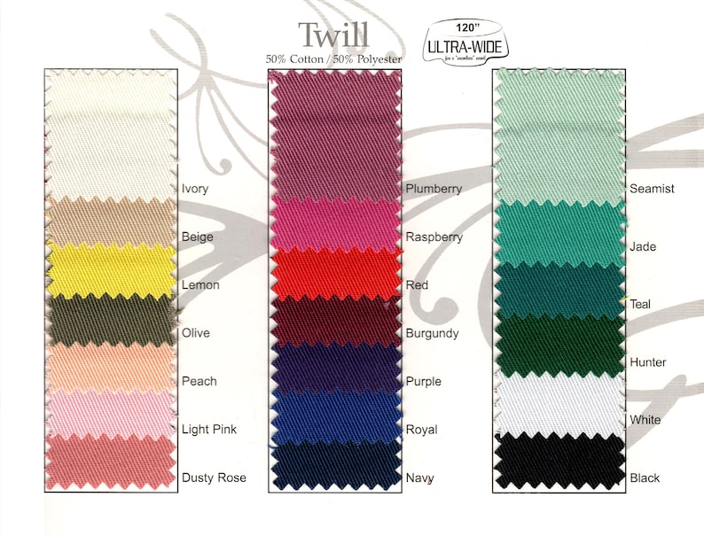 Swatch card of color samples available for linen napkins including ivory, beige, lemon, olive, peach, light pink, dusty rose, plumberry, raspberry, red, burgundy, purple, royal, navy, seamist, jade, teal, hunter, white, and black. The fabric is a twill weave, 50% cotton and 50% polyester, and is 120 inches wide.