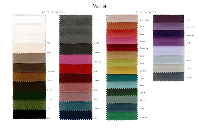 A color chart showing velvet color swatches available for velvet table linens. It includes velvet colors like white, ivory, tan, cashmere, golden, brown, hunter, leaf, and black, light blush, spice, coral, rouge, burgundy, gold, kiwi, sunshine, jade, aqua, forest, spruce, slate, and emerald.