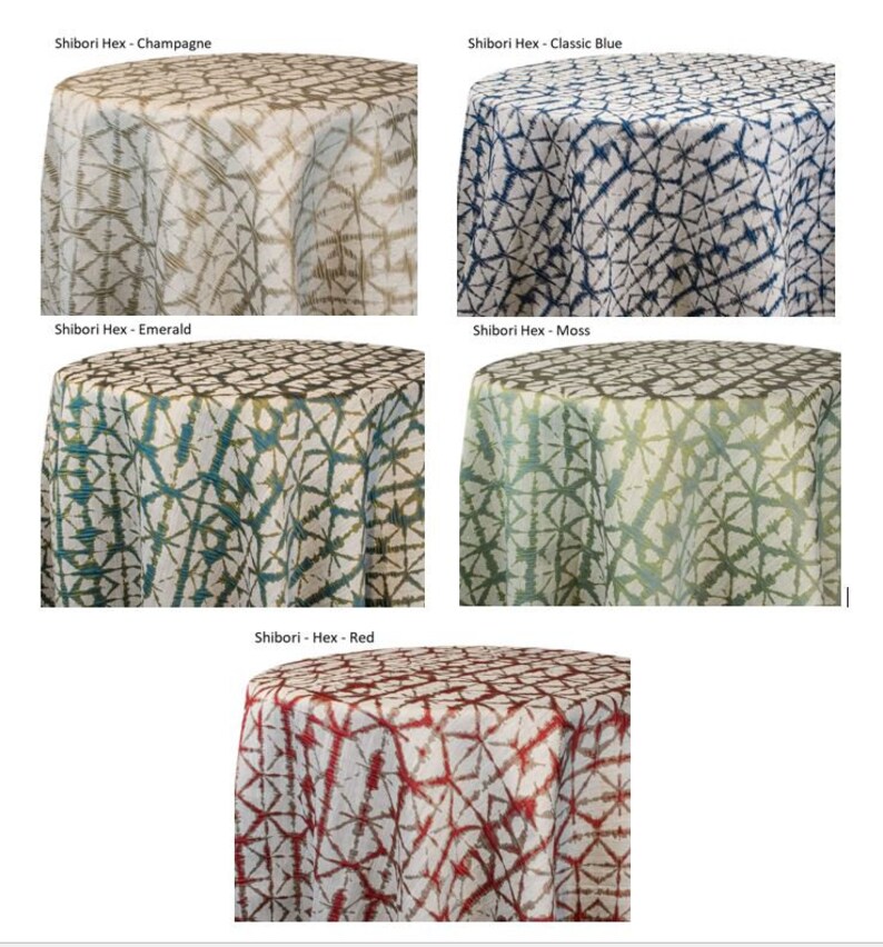 Five round Shibori tablecloths with a Shibori Hex pattern in various colors: champagne, classic blue, emerald, moss, and red. Each tablecloth is draped over a round table, showcasing the fabric's design.