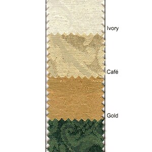 May include: Fabric swatch samples in ivory, café, gold, hunter green, red, and white. The fabric is 59% cotton and 41% polyester. The word "Saxony" is at the top of the image.