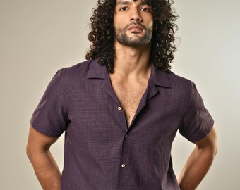 Handwoven Indigo Check Cotton Men's Shirt | Short Sleeve Camp Shirt