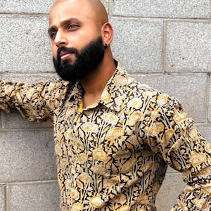 Men&#39;s Cotton Block Print Shirt: Full Sleeve Ethical Travel Shirt