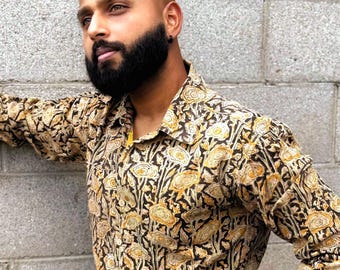 Men's Cotton Block Print Shirt: Full Sleeve Ethical Travel Shirt