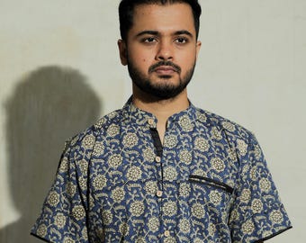 Men’s Cotton Beach Shirt | Hand Block Print Button Down | Mandarin Collar blue Summer Shirt | Lightweight Holiday Wear | Boho Gift for Him