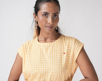 Gelb kariertes Baumwollmidikleid: Gemütliches Cottage Core Herbstkleid, Vintage-inspiriertes Midikleid, Urlaubsoutfit, Minimalistisches Kleid