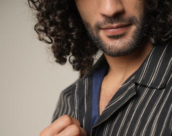 Handloom Cotton Half Sleeve Shirt | Black & White Geometric Weave