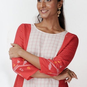 Handwoven Check Midi Dress: Jamdani Cotton Long Sleeve Dress
