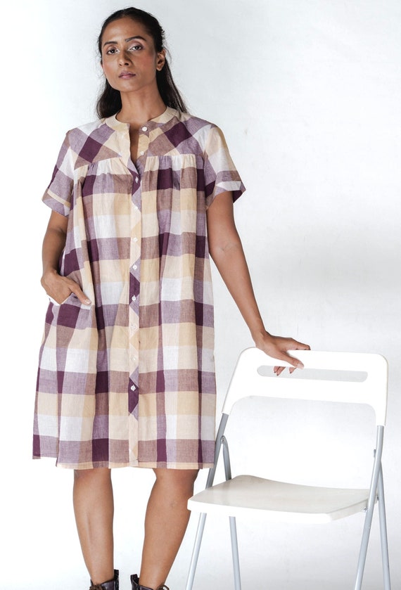 Handloom Check Shirt Dress with Pockets | Organic Cotton Plaid Short Dress | Sustainable Button Down Dress | Everyday Comfort Dress