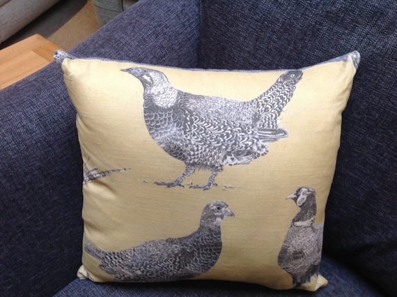 Handmade pheasant cushion wildlife grey mustard colour