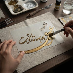 May include: A paintbrush applies metallic gold paint to a piece of light beige linen fabric featuring intricate Arabic calligraphy. The workspace includes a white paint palette with gold and silver pigments, a palette knife, and a glass jar of water.