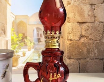 Persian Farsi Eshgh Calligraphy Oil Lamp – Red Glass, Haftseen Decor