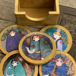 Persian Khatoon Decoupage Coasters: Handmade Wood Coasters, Set of 6