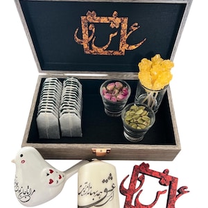 Mother&#39;s Day Persian Gift Box: Farsi Calligraphy, Candle, Coasters