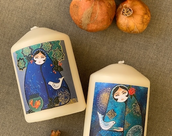 Persian Handmade Farsi Calligraphy Pillar Candles Set Of 2 Norooz Nowruz Haftsin Haftseen Table Khatoon Decoupage