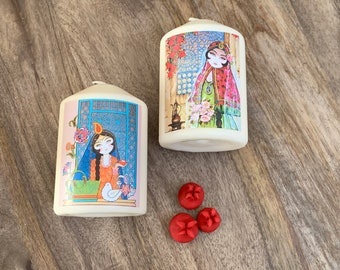 Persian Handmade Farsi Calligraphy Pillar Candles Set Of 2 Norooz Nowruz Haftsin Haftseen Table Khatoon Decoupage