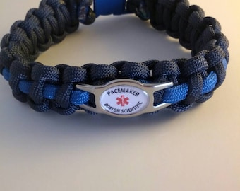 Pacemaker Medical Alert Bracelet: Black Paracord with Blue Stripe