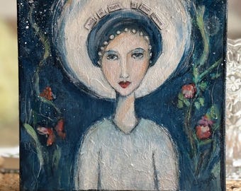 Acrylic Mixed Media Painting: Woman in Moonlight, Floral Garden Canvas Art