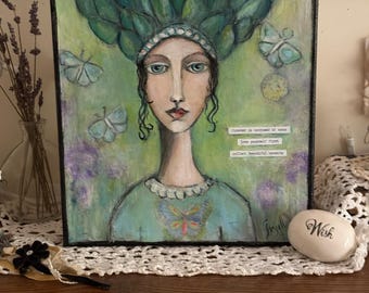 Dipinto a tecnica mista, donna fantasiosa su tela "Fanciulla Farfalla" 10 x 10