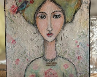 Mixed Media Canvas Art: Woman with Bird and Flowers, Whimsical Wall Decor