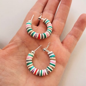 Clay bead Hoop earrings. Multicoloured heishi bead Creole earrings. Bohemian earring for women. Summer jewelry gift for mom. Beach earrings