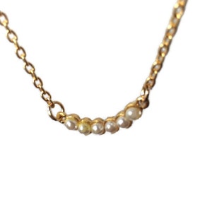 Puede incluir: Un collar de cadena dorada con una fila de pequeñas perlas blancas.