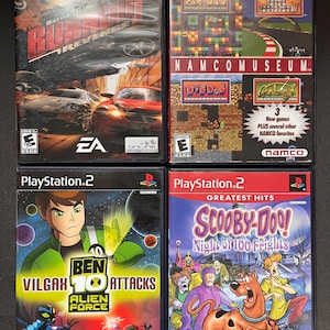 May include: Four PlayStation 2 video game cases. Titles include "Battle Renegade", "Namco Museum", "Ben 10: Vilgax Attacks", and "Scooby-Doo! Night of 100 Frights". Each case features colorful graphics and game titles.