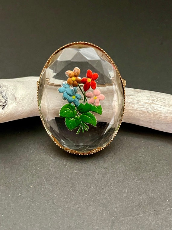 Vintage Reverse Carved Glass Flower Brooch