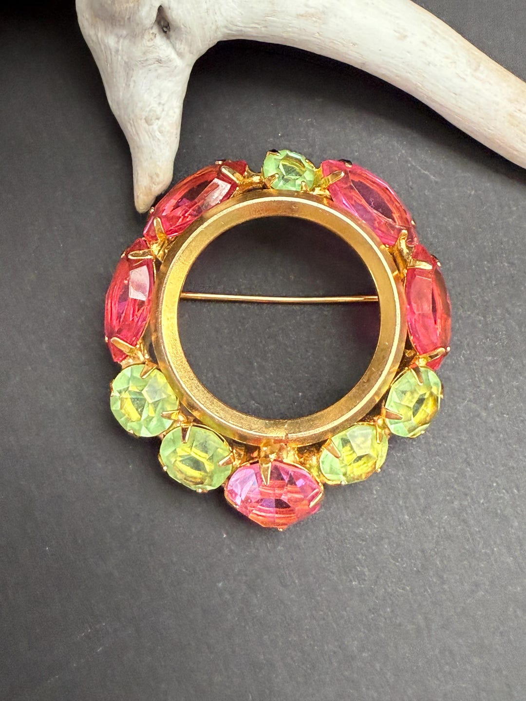 Vintage Pink and Green Neon Rhinestone Wreath Brooch - Etsy