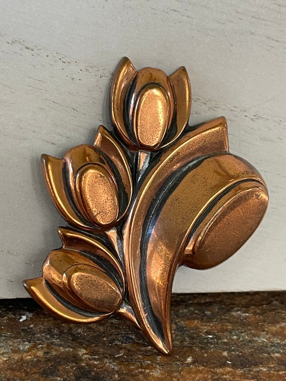 Vintage Renior Flower Brooch Copper Floral Pin Gi… - image 4