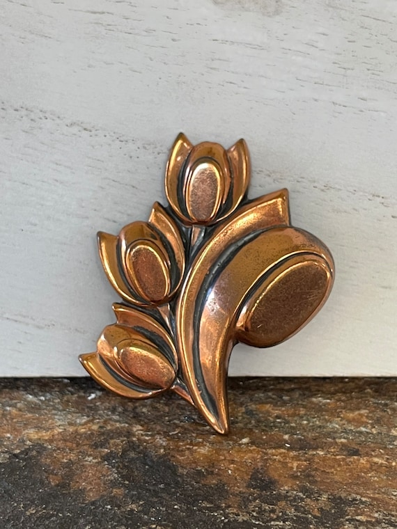 Vintage Renior Flower Brooch Copper Floral Pin Gi… - image 2